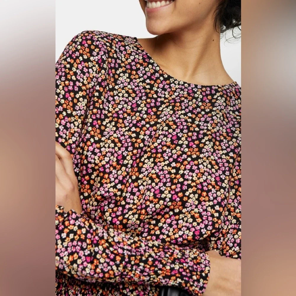 Topshop Floral Bottom Ruched Mini Dress Scoop Neck Long Sleeve Open Back Size 10 - Picture 5 of 9